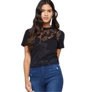 Bebe Black Floral Lace Contrast Short Sleeve Top Size Medium
